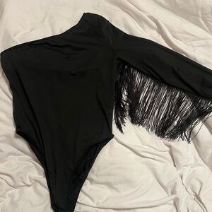 Black SHEIN fringe bodysuit. One shoulder, super cute. Only worn once!